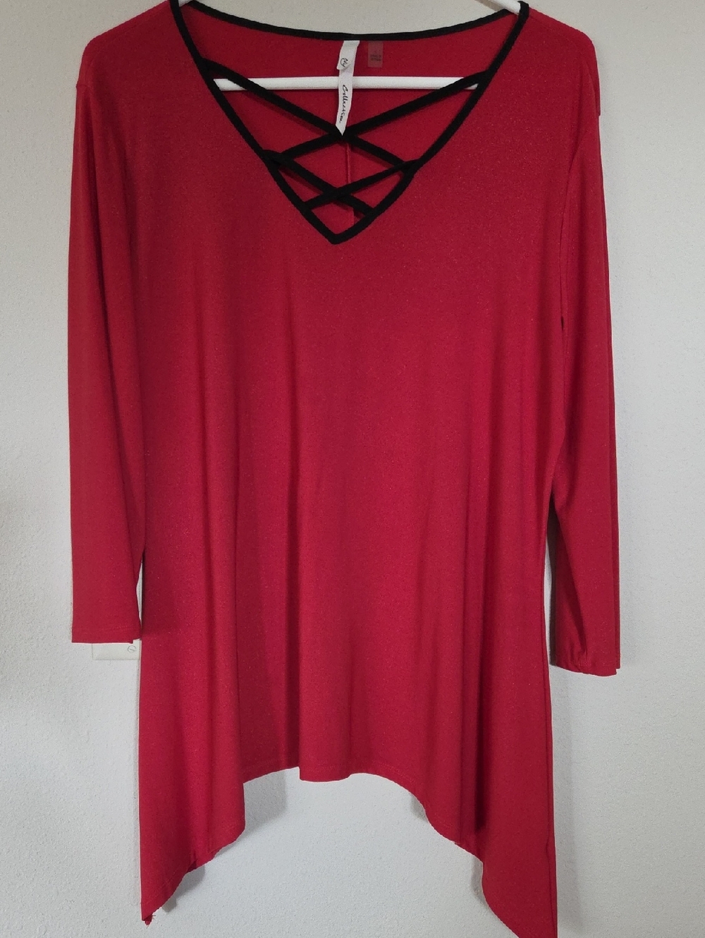 NY Collection Red Tunic with Black Strappy V-Neck